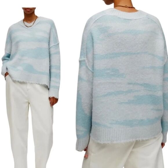 AllSaints Women’s Tiga Abstract Stripe V-Neck Sweater Sz L - Picture 1 of 9